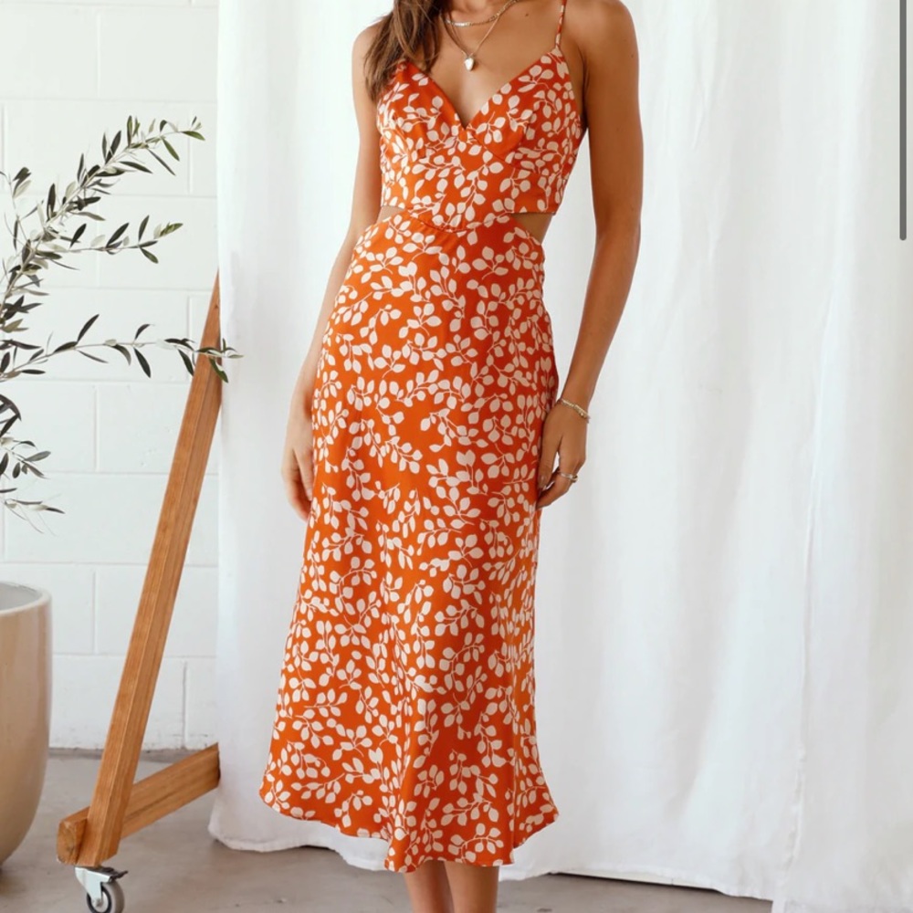 Orange floral cutout midi dress